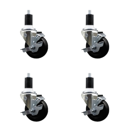 Service Caster 3.5'' SS Hard Rubber Swivel 1-1/2'' Expanding Stem Caster Set with Brake, 4PK SCC-SSEX20S3514-HRS-TLB-112-4